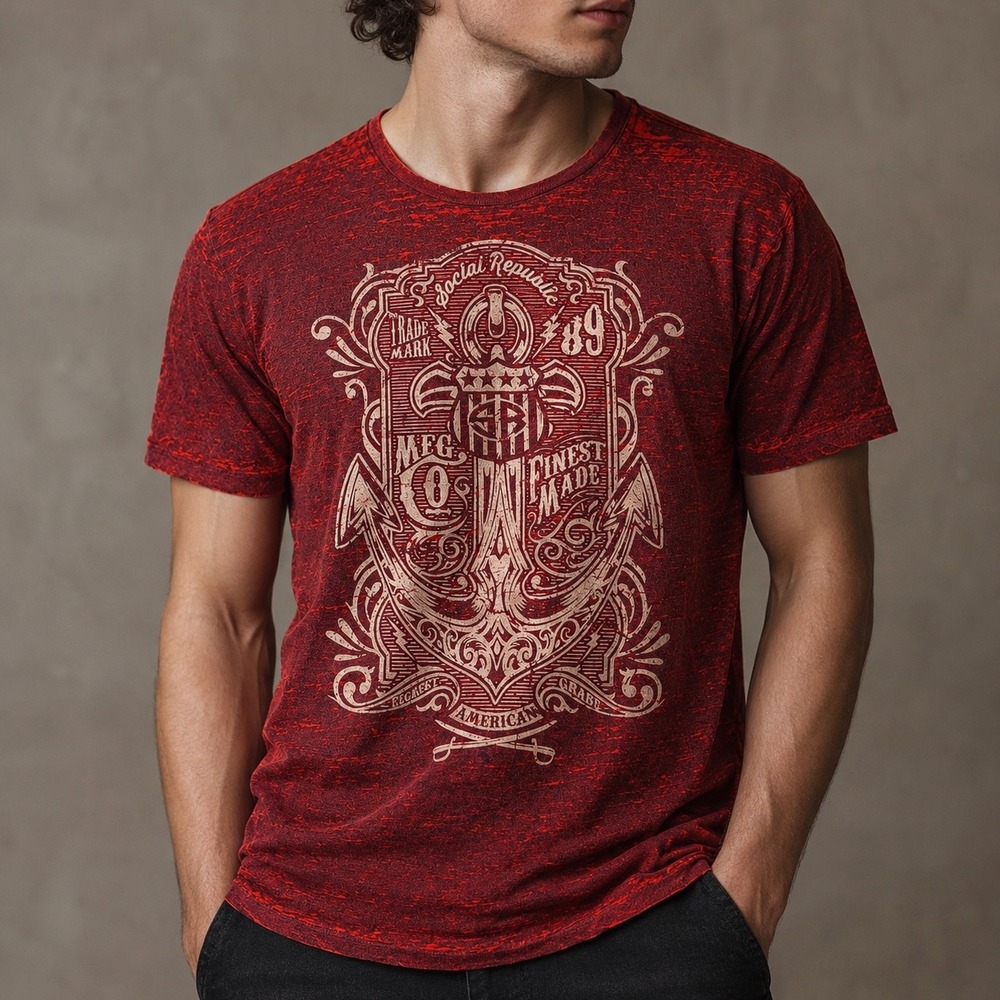 Social Republic Mens XXL Red Space Dye Graphic T-Shirt Anchor Crest Short Sleeve